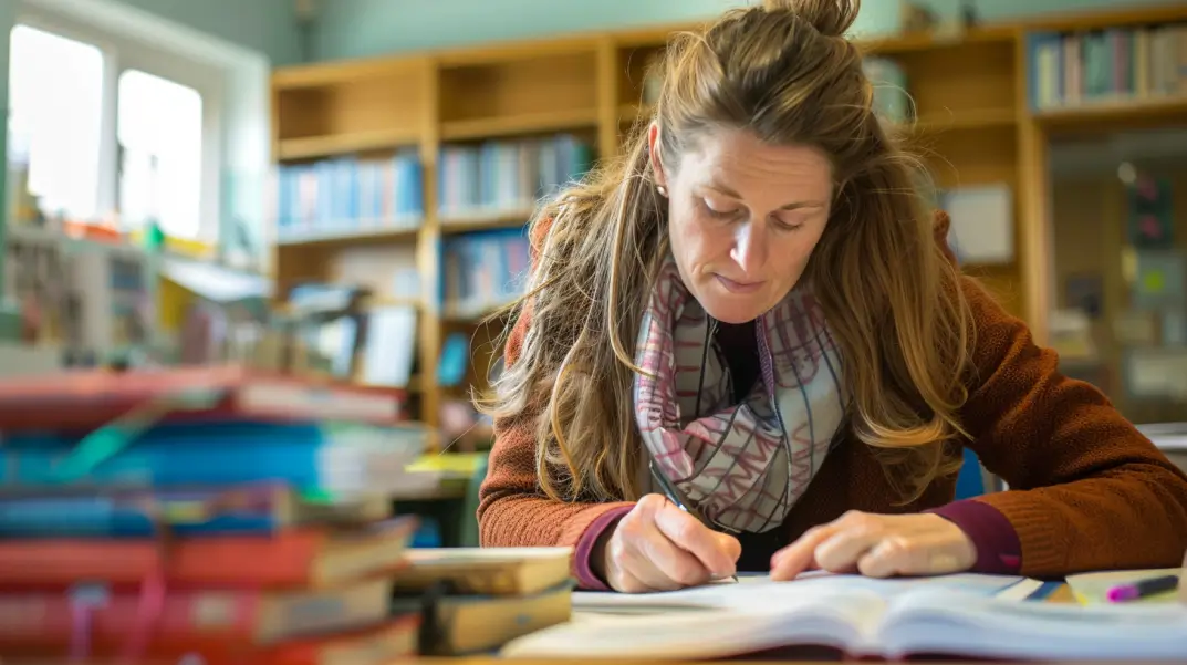 A woman with long hair writing in a book.