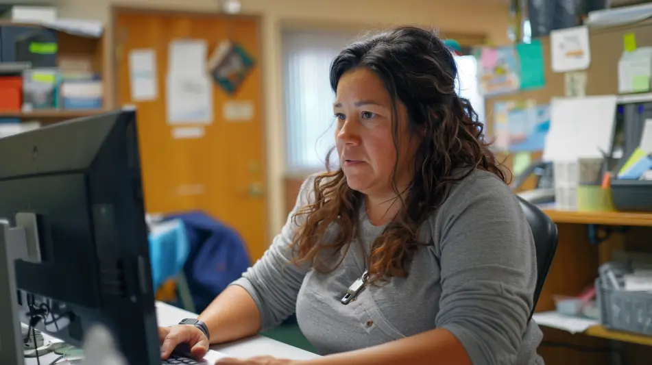 A woman with long hair and a grey shirt is typing on a laptop.