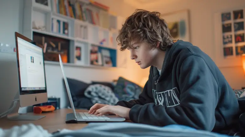 A boy with curly hair is typing on a laptop.