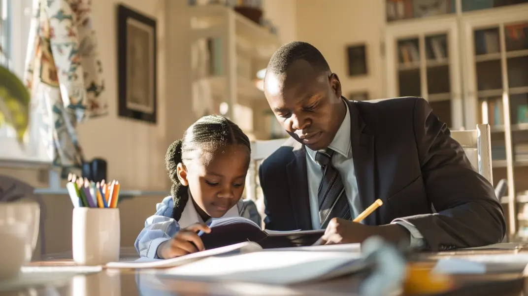 A man and a little girl are reading a book together.