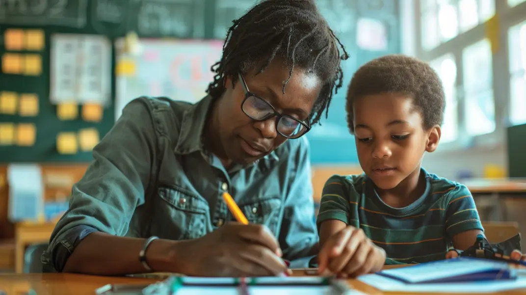 A woman and a child are sitting at a table, working on a math problem.