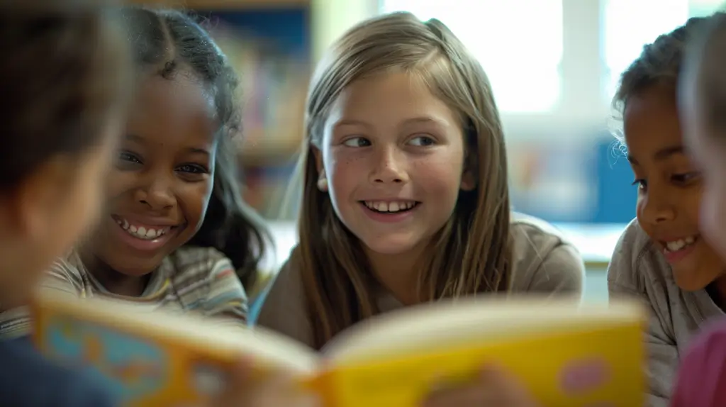 A young girl is reading a book while smiling.