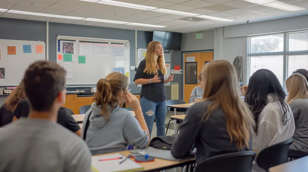 A woman in a classroom talking to a group of students.