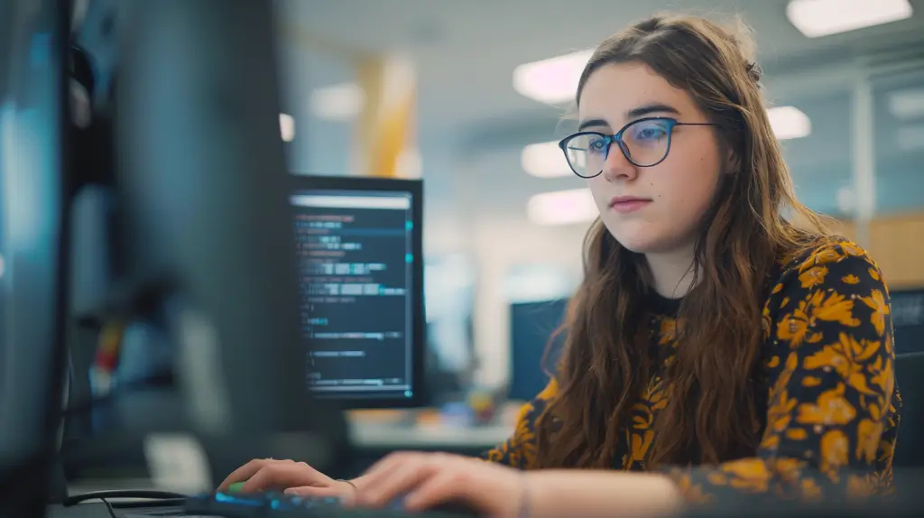 A woman with glasses is typing on a computer.