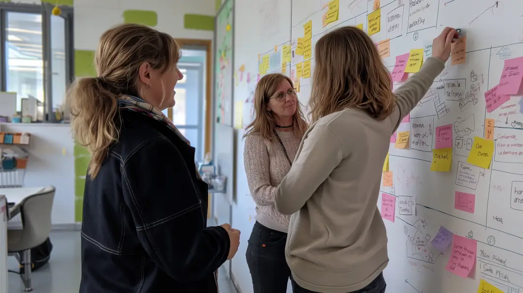 Three women standing in front of a white board with sticky notes.