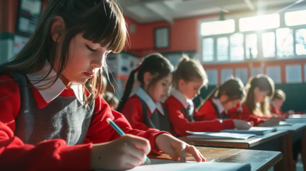 A girl in a red shirt writing in a notebook.