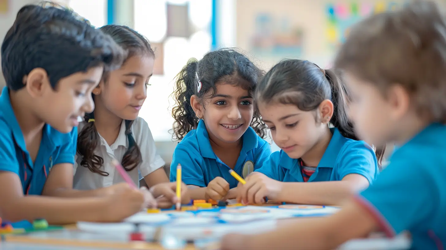 A group of children sitting at a table with pencils and paper.