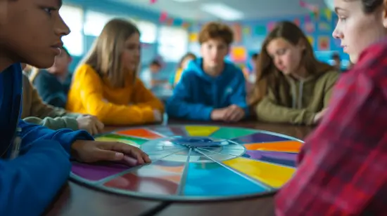 A group of children playing a game on a colorful wheel.