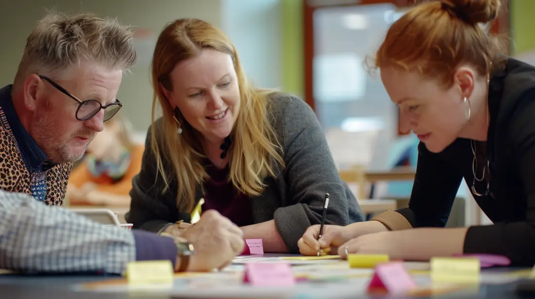 A woman with a ponytail is smiling while writing on a piece of paper.