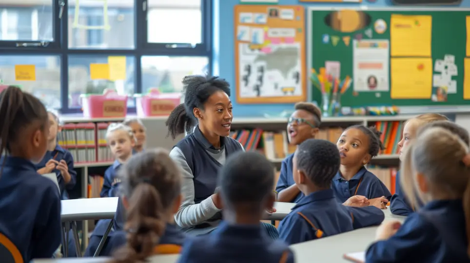 A woman in a black vest is talking to a group of children.