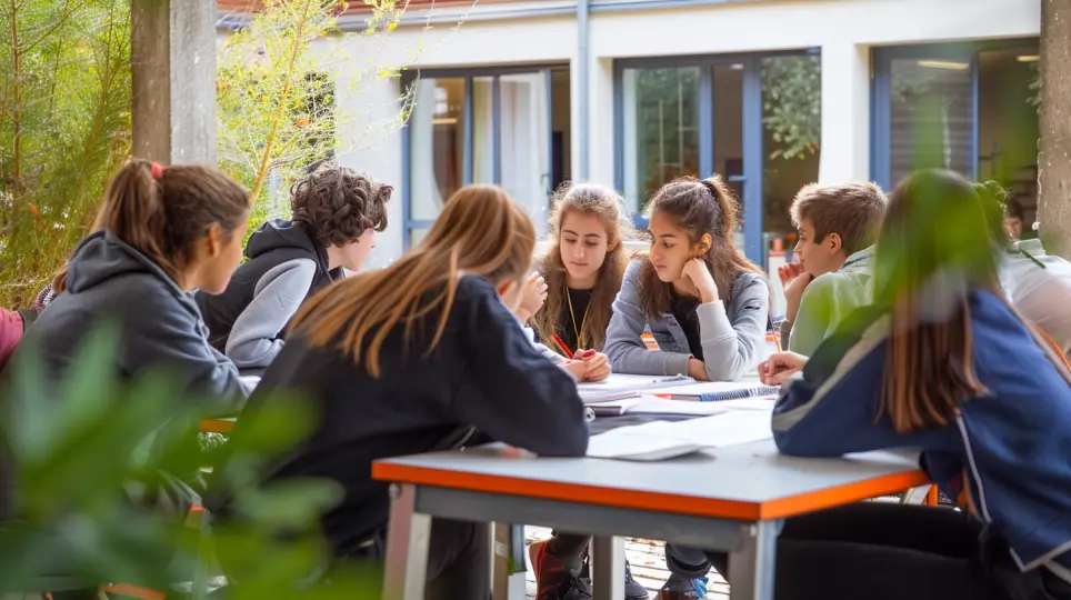 A group of young people sitting around a table.