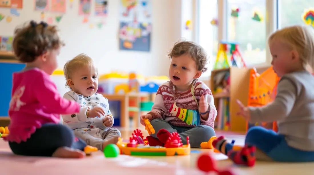 A baby sitting on the floor with a toy.