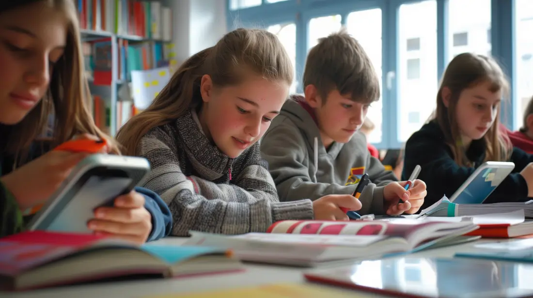 A young girl is sitting at a table with a book in front of her.