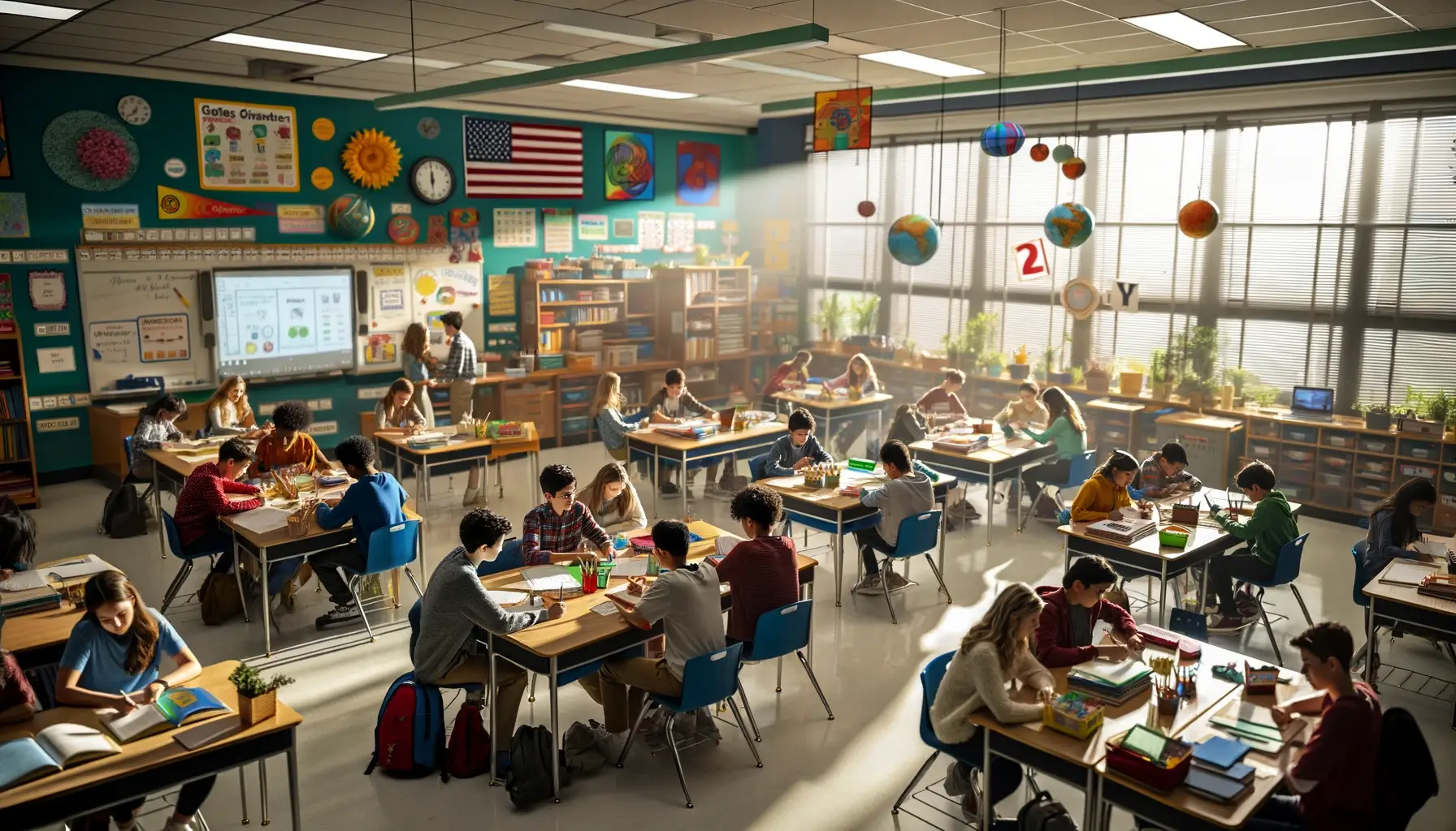 A classroom full of students with a clock on the wall.