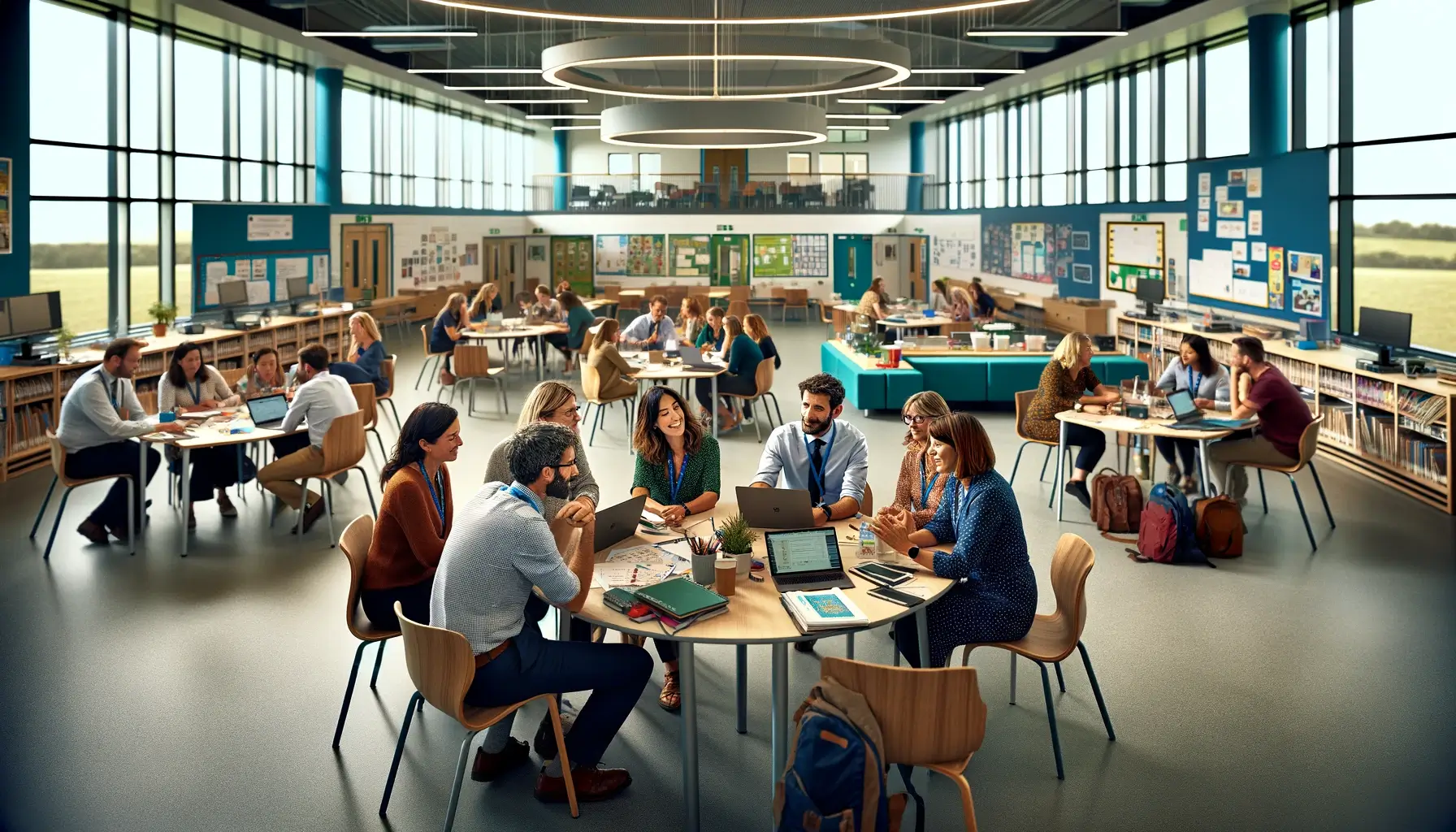 A group of people sitting around a table in a room.