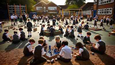 A group of children playing with a game board.