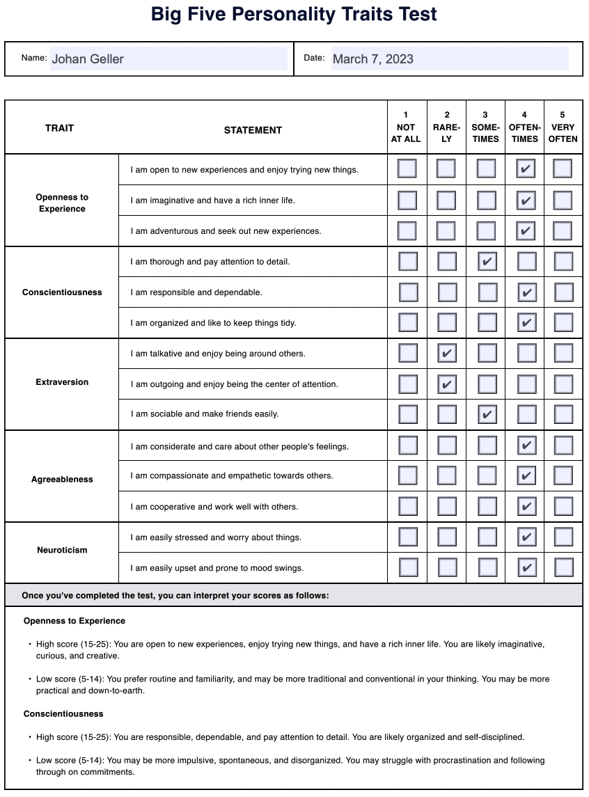 Five Factors of Personality Test