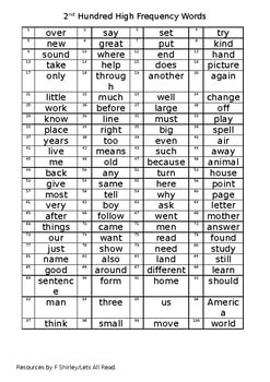 Second hundred high frequency words checklist for precision teaching reading assessment