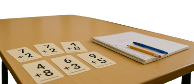 Addition flashcards arranged on classroom desk for precision teaching maths fluency practice