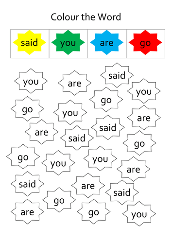 Colour the word sight word recognition worksheet with high frequency words said, you, are, go