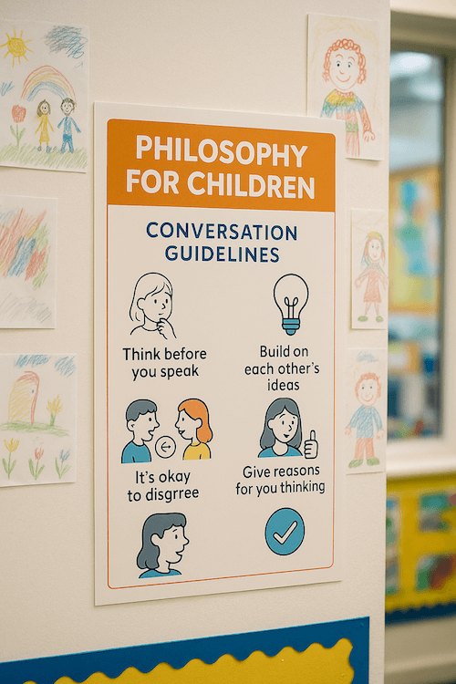 Philosophy for Children classroom poster showing conversation guidelines for philosophical dialogue