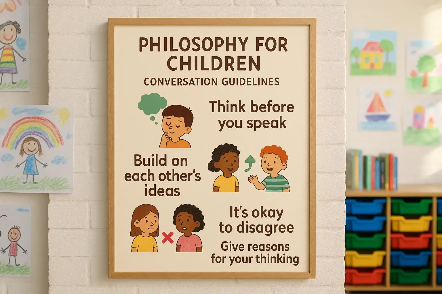 Philosophy for Children conversation guidelines poster: think before you speak, build on ideas, give reasons for disagreement