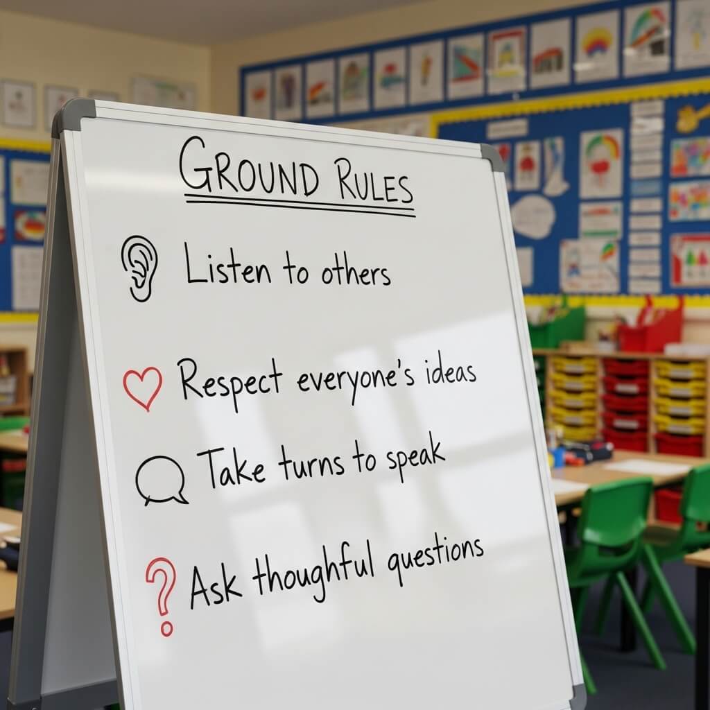 P4C ground rules displayed on classroom whiteboard: listen to others, respect ideas, take turns to speak, ask thoughtful questions