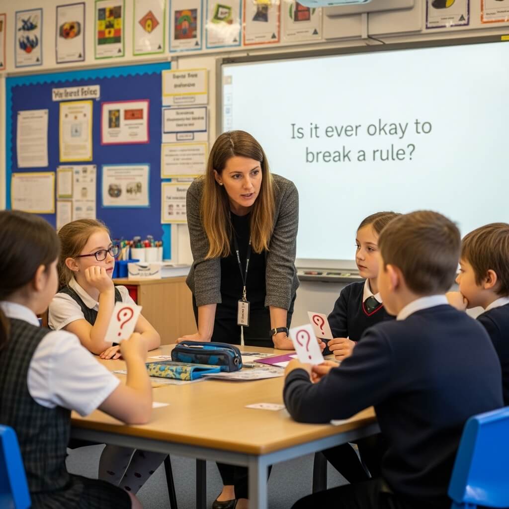 Teacher facilitating P4C enquiry with pupils holding question cards asking: Is it ever okay to break a rule
