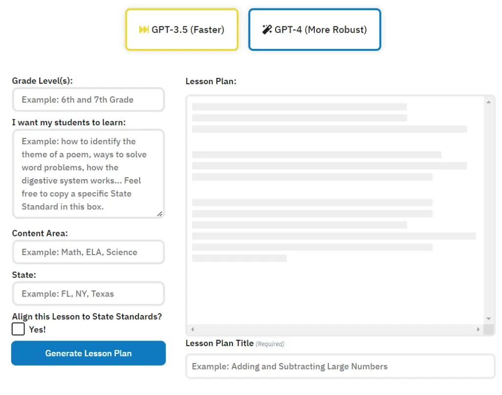 AI lesson plan generator interface with input fields for objectives and content