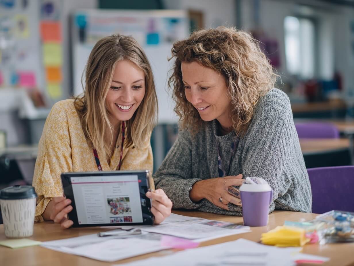 Two teachers collaborating on AI lesson planning using tablet device