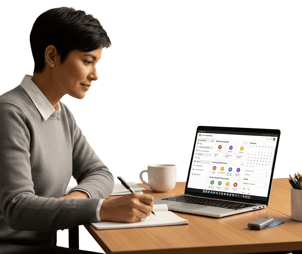 Teacher taking notes while using AI lesson planning platform on laptop