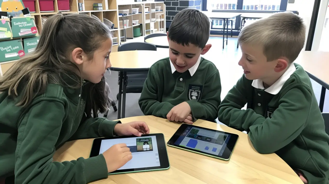 Primary pupils using adaptive learning software on tablets in classroom