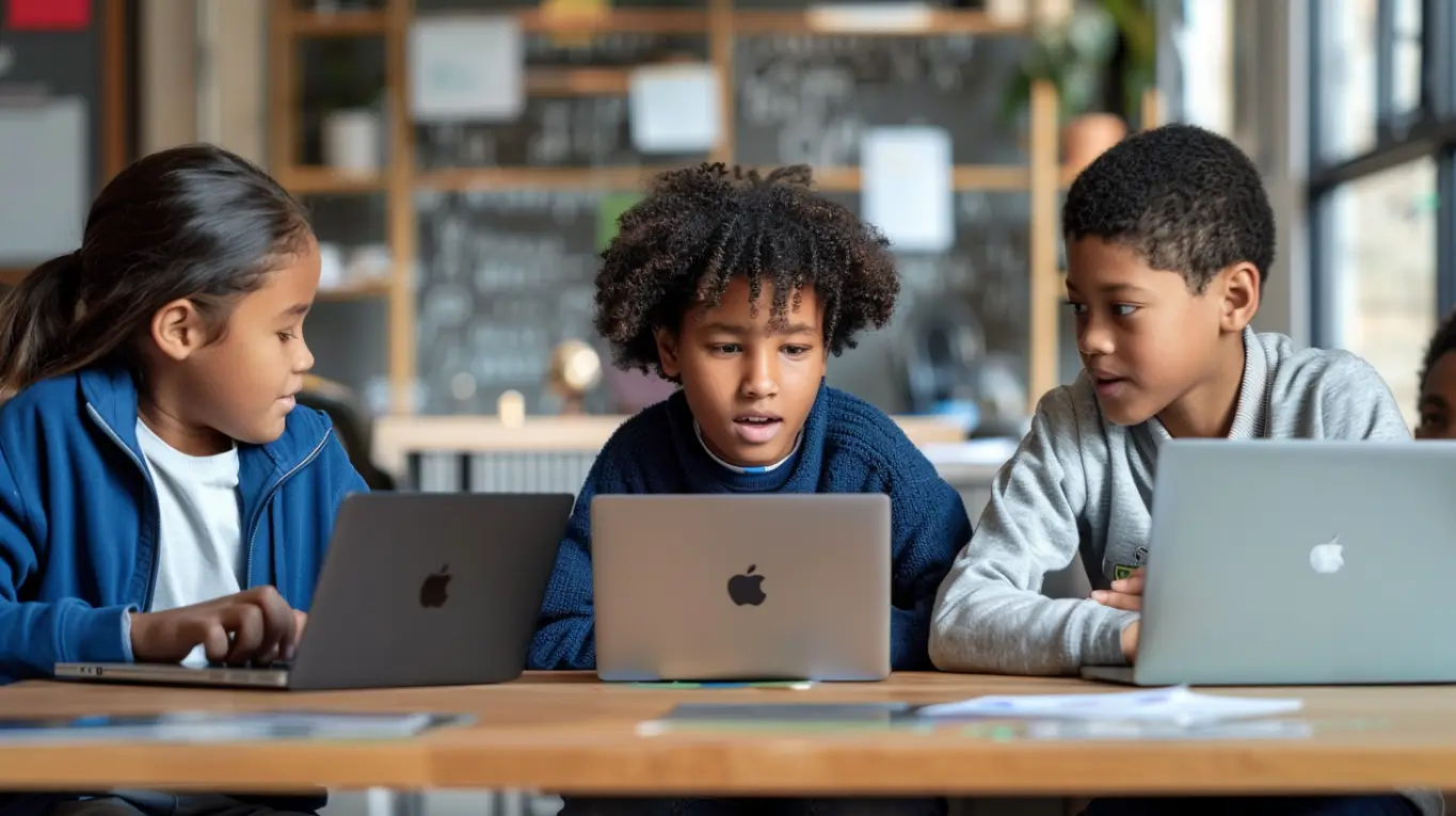 Students engaged with adaptive learning technology on laptops collaboratively