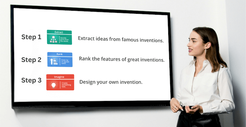 Teacher presenting active learning three-step process on interactive display