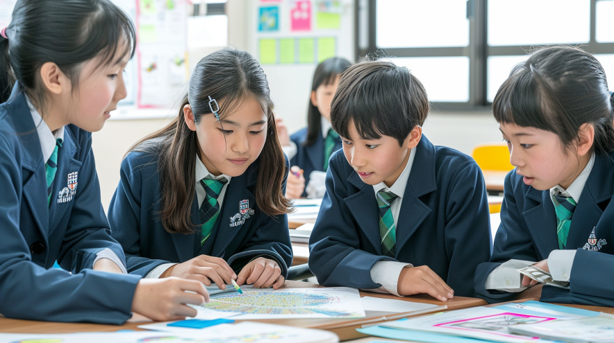Students using active learning manipulatives to construct sentences with word blocks