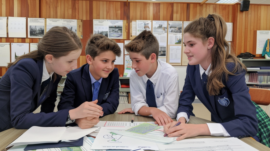 Primary pupils participating in active learning discussion in school library