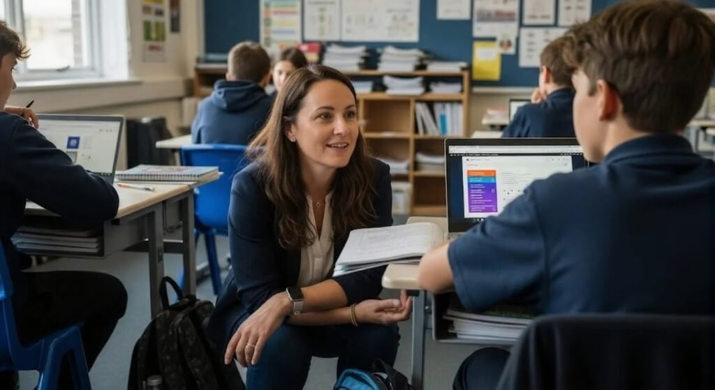 Teacher Providing One to One Support Using AI Learning Platform