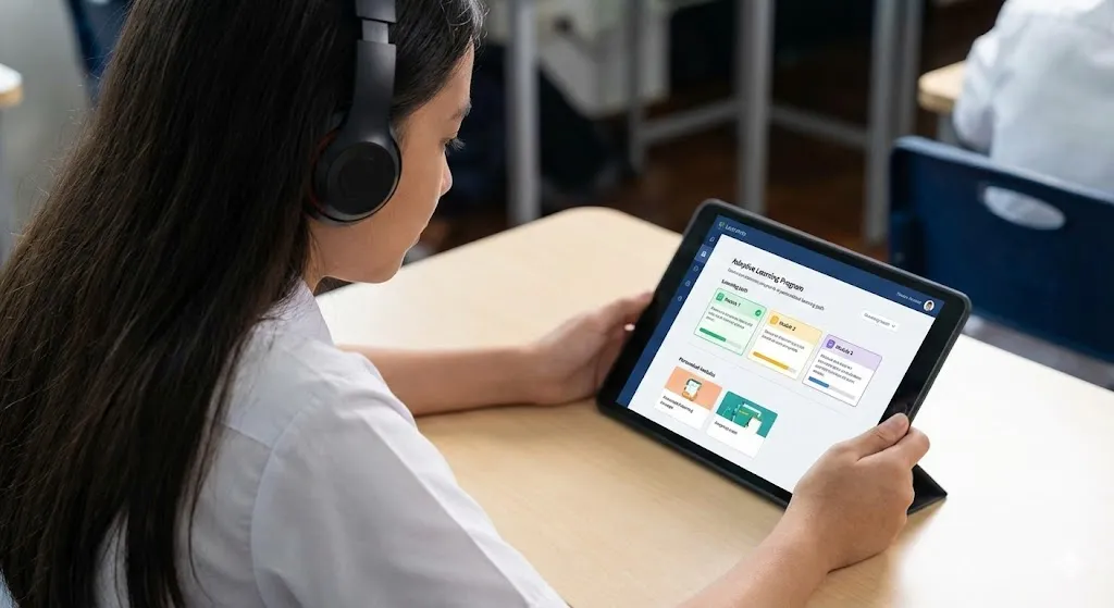 Student using adaptive AI learning platform on tablet