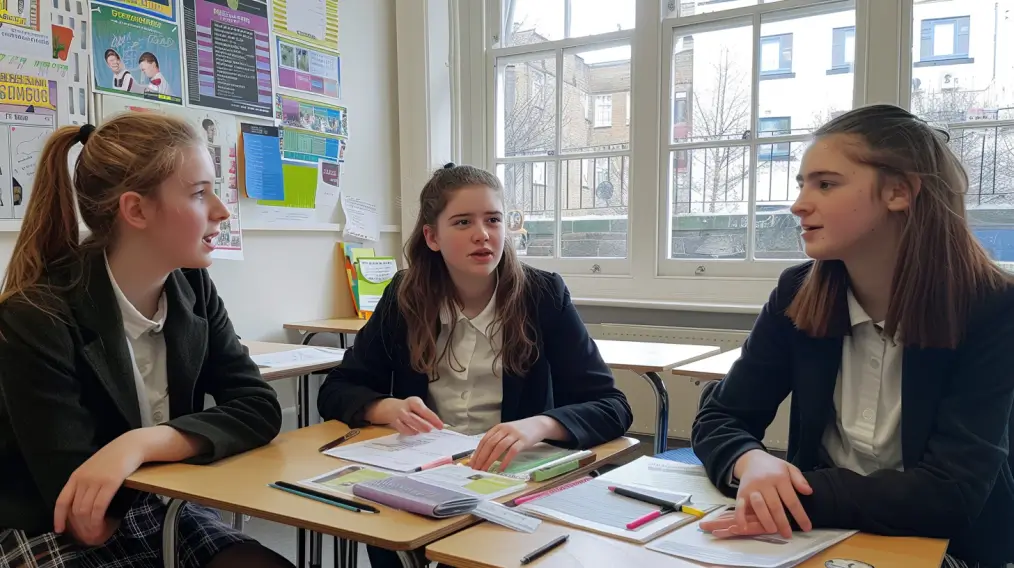 Primary pupils engaged in critical thinking discussion around table