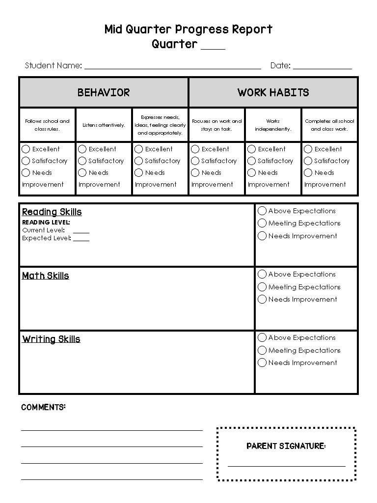Student progress report template with assessment criteria and next steps