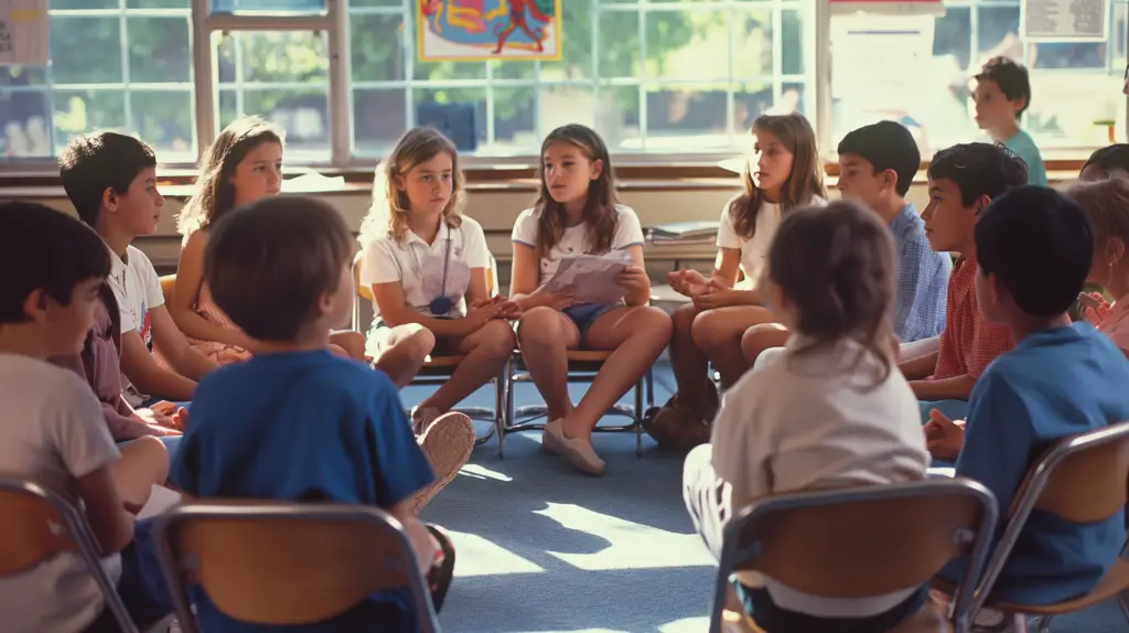 Primary students engaged in Socratic teaching circle discussion in classroom