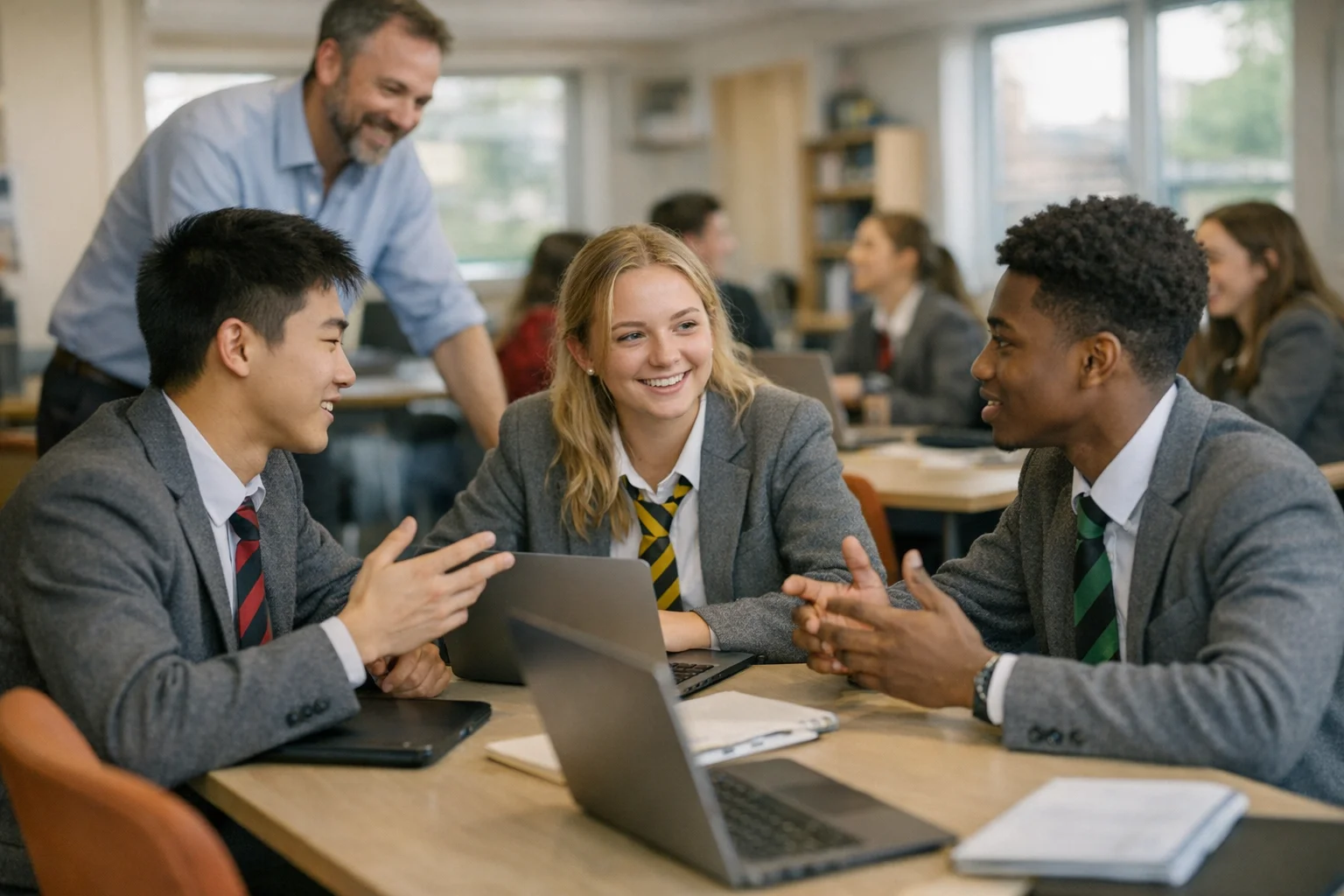 Sixth formers in grey blazers and colourful ties discussing ideas in a modern study area with laptops