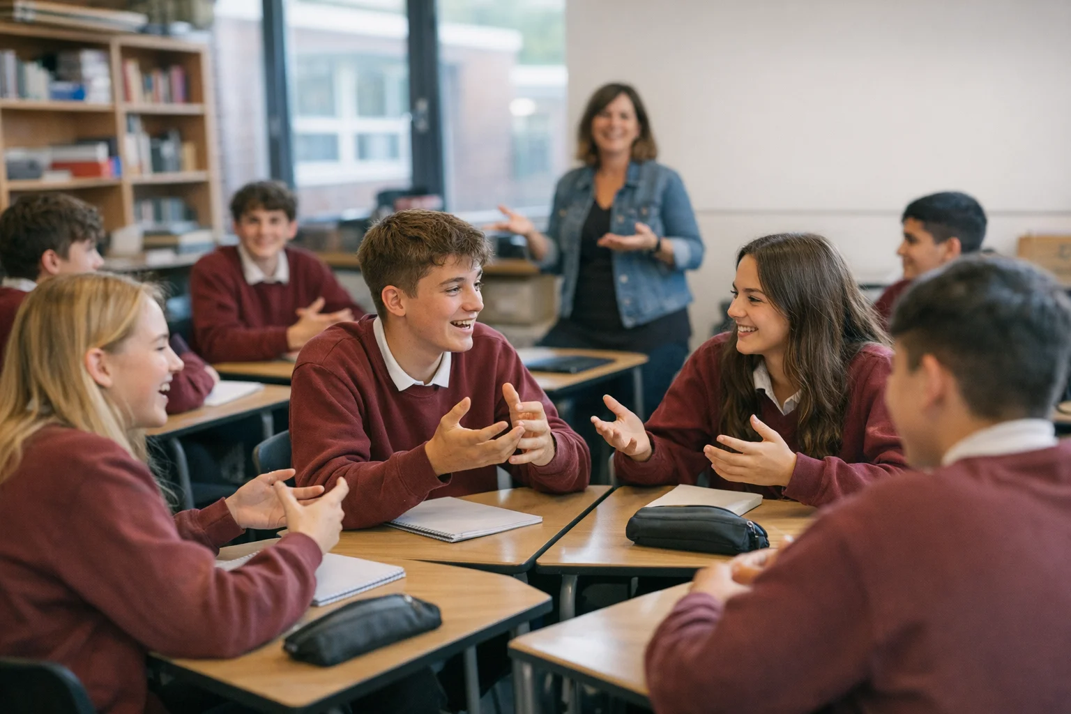 GCSE students aged 15-16 in maroon sweatshirts engaged in lively discussions at desks in a talk-based learning activity