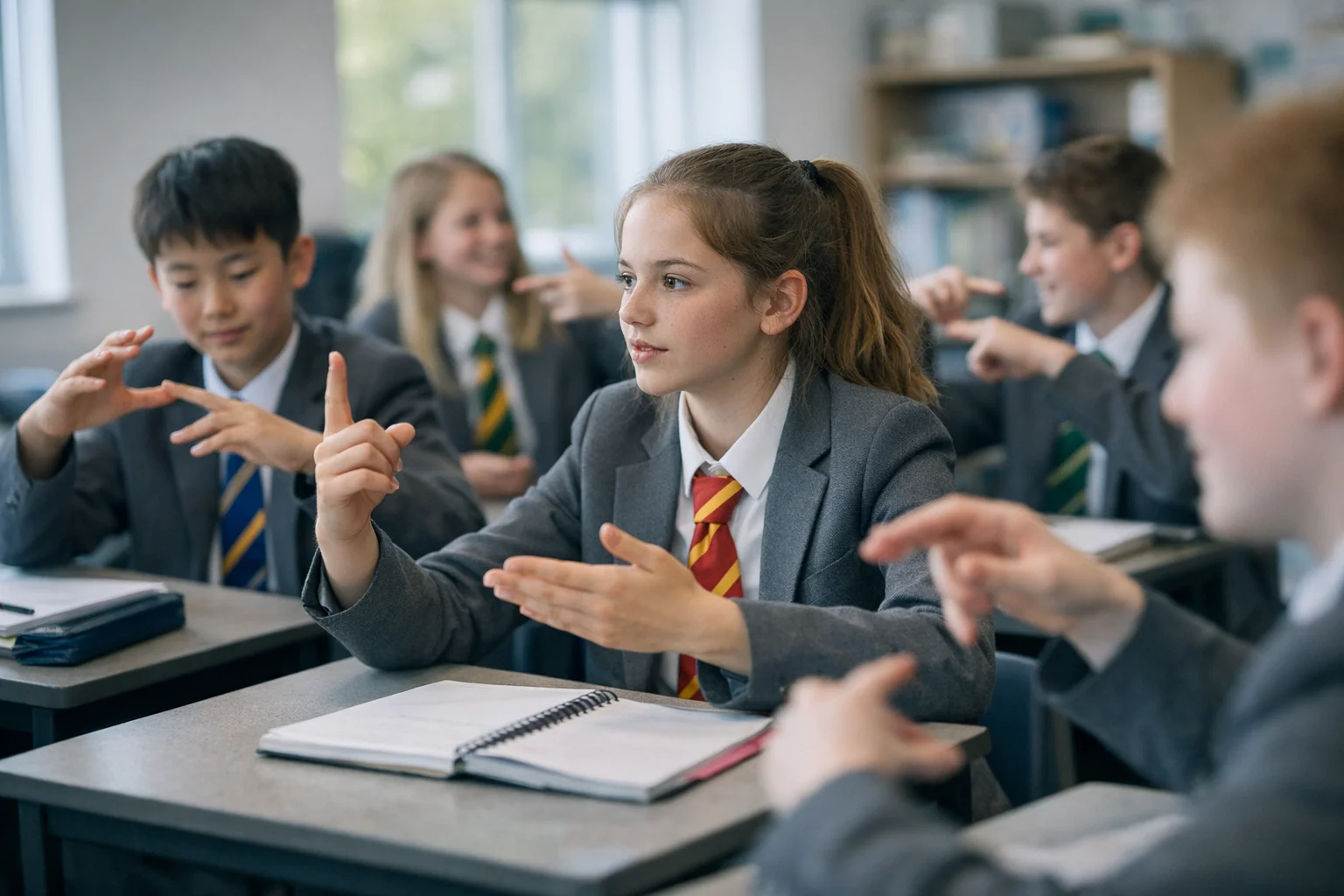 Older teenagers in grey blazers and house ties explore embodied cognition through interactive movements in a GCSE classroom.