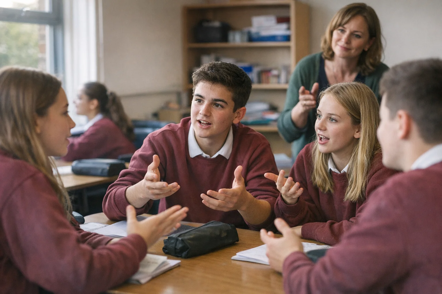 GCSE students in maroon sweatshirts in a Socratic discussion, debating and reasoning with teacher guidance.