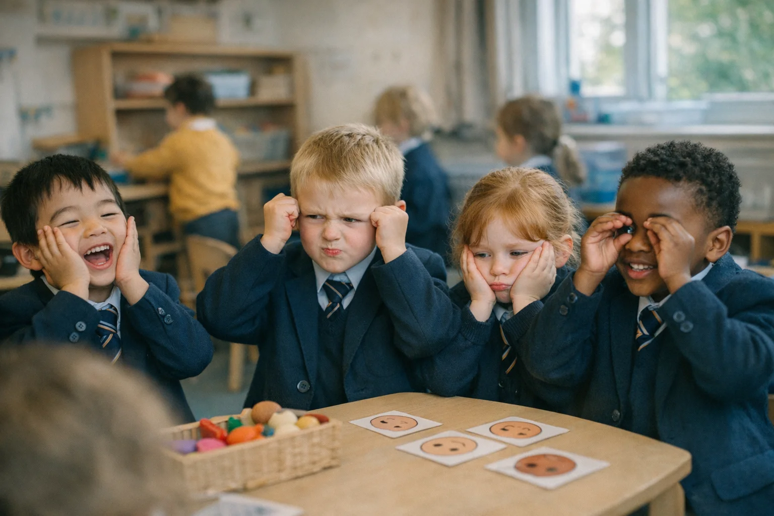 Young children in navy blazers and striped ties at an emotion-learning station in an early years classroom activity