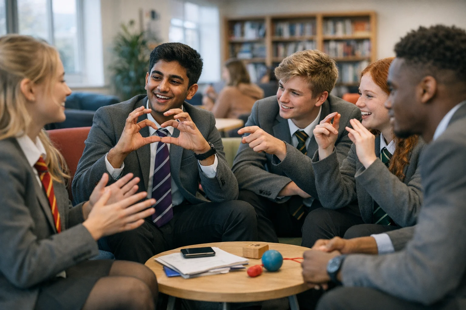 Sixth form students in grey blazers with ties discussing communication theories using props in a modern study space