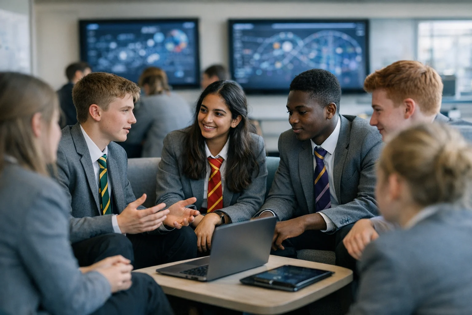 Sixth form students in grey blazers and house ties collaborating over curriculum mapping in a modern study space.