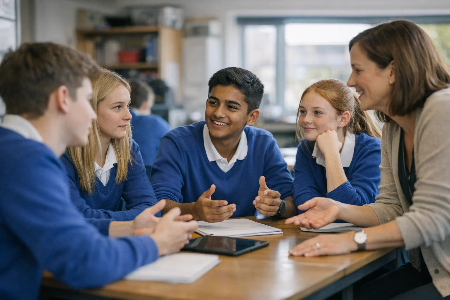 Secondary students aged 12-14 in royal blue jumpers discussing societal structures in a modern classroom setting