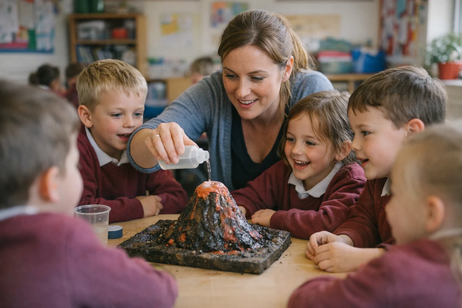 Primary students ages 7-9 in maroon sweatshirts conducting a science experiment in a bright classroom with colourful displays
